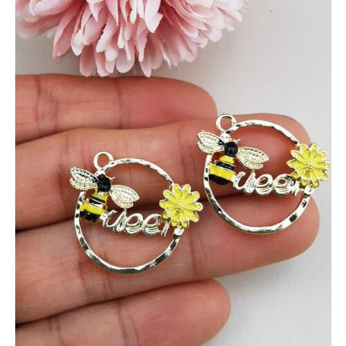 10PCS Bee Picking Flowers Enamel Charms Zinc Alloy Wreath Design Pendants Charm For DIY Women Earrings Jewelry Making Accessory