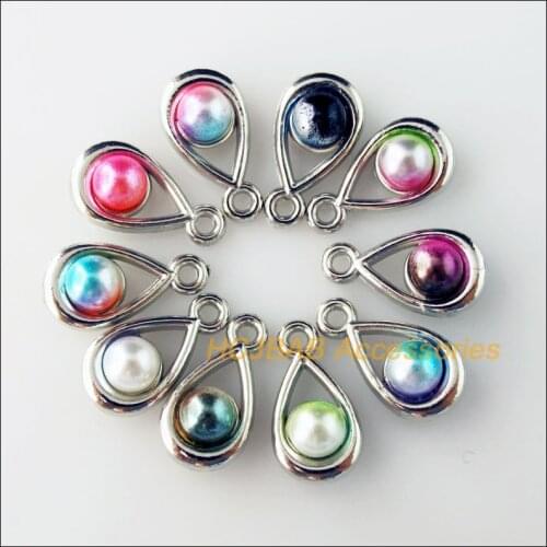 30 New Teardrop Charms Colored Acrylic Dull Silver Plated Pendants 9.5x17.5mm