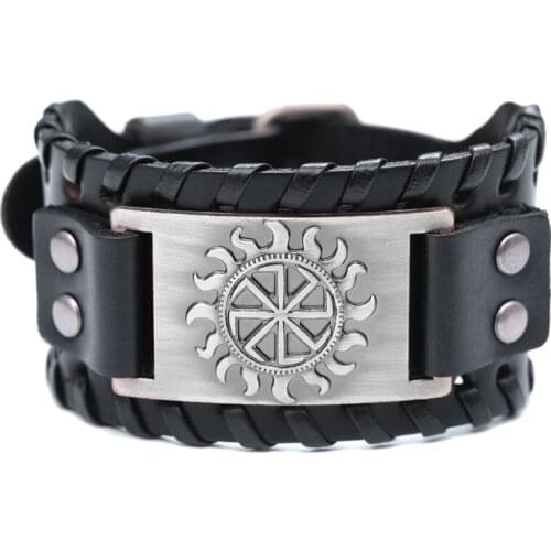 Viking Totem Sun Wheel Amulet Bracelet Mens Metal Leather Bracelet - Adjustable Size 19-30 cm