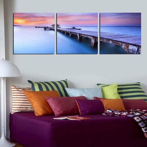 No Frame 3 Piece Seascape Decorative Picture Sunset Seaside Wooden Bridge Paintings Maldives Scenery Printed Oil Painting Canvas