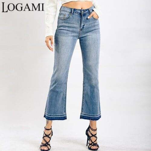 LOGAMI Washed Elastic Jeans Womens Loose Wide-leg Denim Trousers Micro-flared Pants