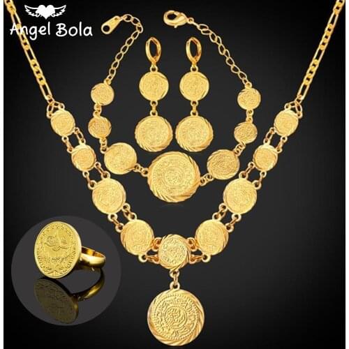 Classic Fashion Bride Muslim Coin Necklace Earring Ring Bracelet Gold Color Sets for Women Middle East Arab Wedding Jewelry Gift
