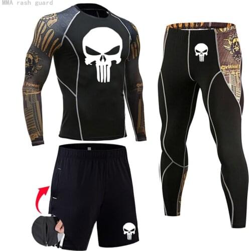 Compression Clothing for Men Sports Gym suit rashgarda MMA Skull top leggings 1-3 piece Running set Mens full suit tracksuit