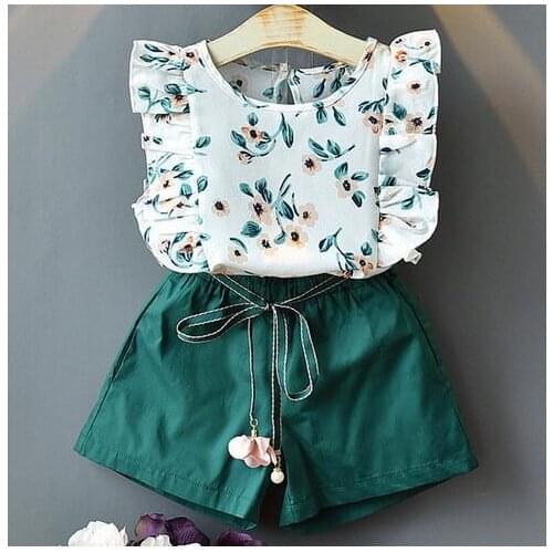 Girls suit fashion childrens clothing cute sleeveless print T-shirt short suit 2 pieces childrens girls clothing