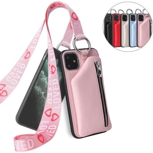 Zipper Purse Wallet Leather Case Cover For iPhone 12 Mini 11 Pro XS Max XR X 7 8 6 6S Plus SE Fashion Love Neck Strap Case
