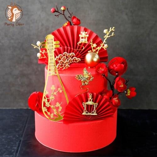 Lute Pavilion PineTree Crane Cake Topper for Birthday Party Decoration Plum Blossom Retro Baking Supplies Dessert Love Gifts