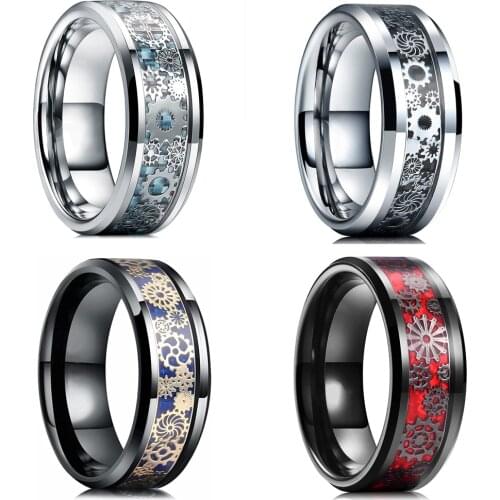 Vintage Steampunk Stainless Steel Mechanica Gear Ring For Men Blue Red Carbon Fiber Ring Fashion Mens Wedding Band Drop shipping