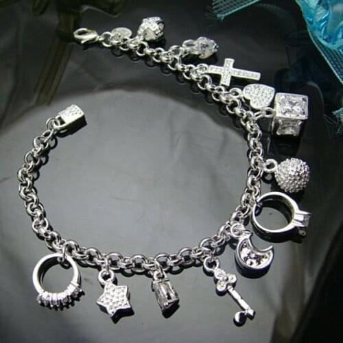 Wholesale fashion jewelry Fashion Jewelry ,13 charms bracelet, M925 Stamped M925 Silver color Bracelets . ,Nice Jewelry. B82