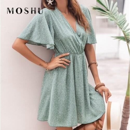 Sexy Print Short Summer Dress Women Casual V Neck Ruffle Sleeved Mini Dress Female Vintage Beach Sundress Ladies Vestidos Robe