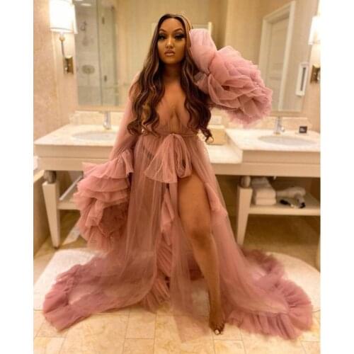 Transparent Ruffles Tulle Long Robes For Women Kimono Dusty Pink Prom Gowns Full Sleeves Puffy