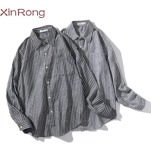 Spring new retro youth mens shirt thin lapel jacket Japanese art striped trend long-sleeved fashion campus student mens shirt