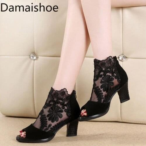 Spring and Summer Sandals Womens 2021 New Fashion Peep Toe Shoes Mid Heel plus Size Breathable Ladiess Lace High-Heeled Shoes