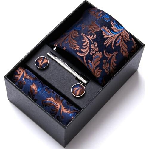 Wholesale Beautiful Custom Gift Box For Business Group Wedding 7.5 cm Silk Men Tie Hanky Cufflinks Tie Clip Set