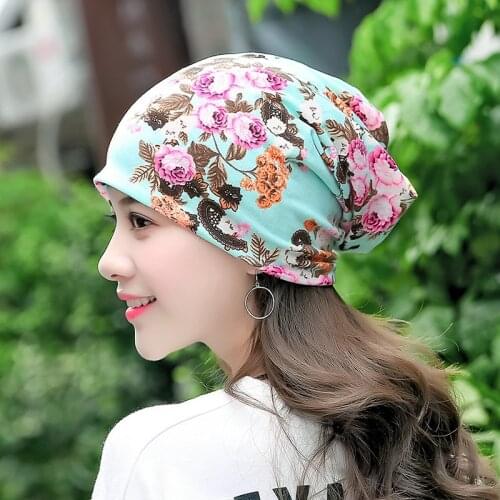 Women Print Flowers Beanie Multifunction Printed Hat Girl Casual Skullies Floral Turban Scarf Female Headwear Headwrap