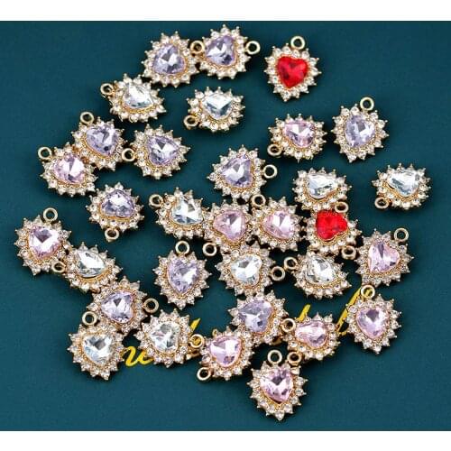 Flatfoosie 10Pcs/Set Shiny Heart Crystal Charms Accessories Luxury Rhinestones Pendant for Making DIY Earrings Necklaces Jewelry