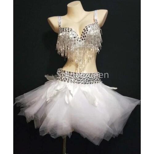 Sexy Crystals Bra Skirt 2-piece Set Womens Sexy Dance Tutu Costume Rhinestones Skirt Prom Party Stage Wear Clothing Sets