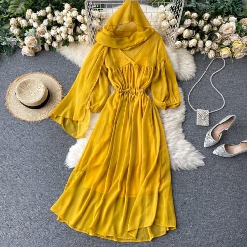 Beach Holiday Summer Dresses For Women 2020 Autumn Vestidos V-Neck Slim Elegant Chiffon 2 Piece Yellow Woman Long Dress