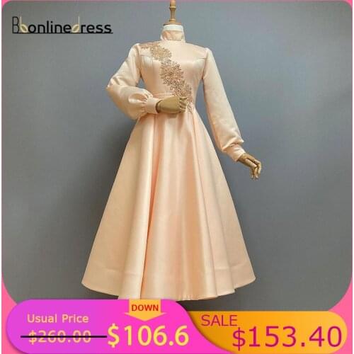 Champagne Moroccan Evening Dresses Caftan Beaded Formal Gown Arabic Dubai Muslim Women Evening Dress Long Sleeves robe de soire