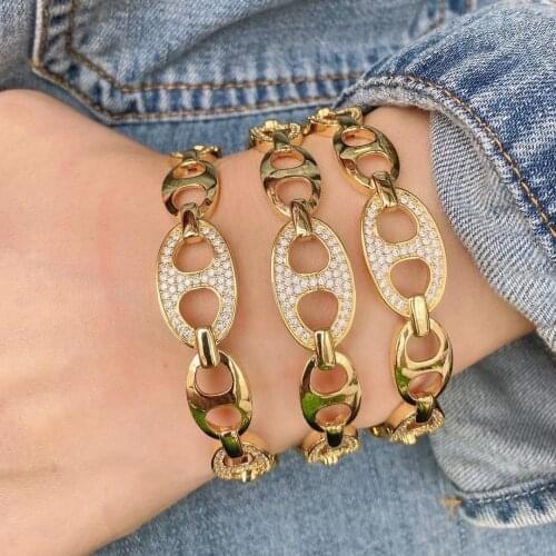 3Pcs Trendy Women Mens Charm Micro Crystal Zircon Pig Nose Coffee Bean Open Cuff Bangle Geometric Chain Jewelry