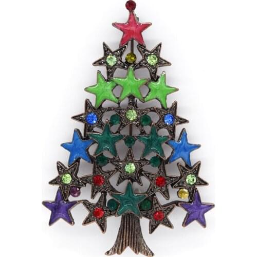 Antique copper Colorful Enamel Rhinestone Christmas tree Pin brooches C550 E3