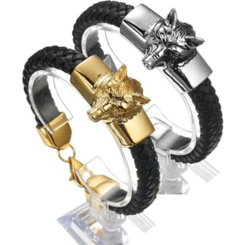Punk Silver Color/Gold Biker Wolf Head Stainless Steel Biker Jewelry Black Genuine Leather Gift Mens Bracelet Wristband 8.26"