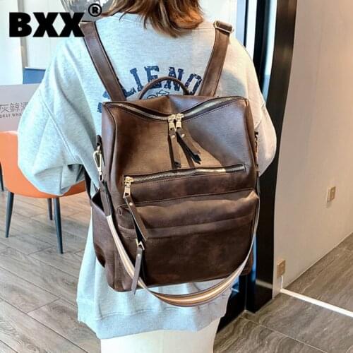 [BXX] Quality High Capacity Backpack For Women 2021 Solid Color All-match PU Leather Back Pack Teens Girls School Backpack HK311