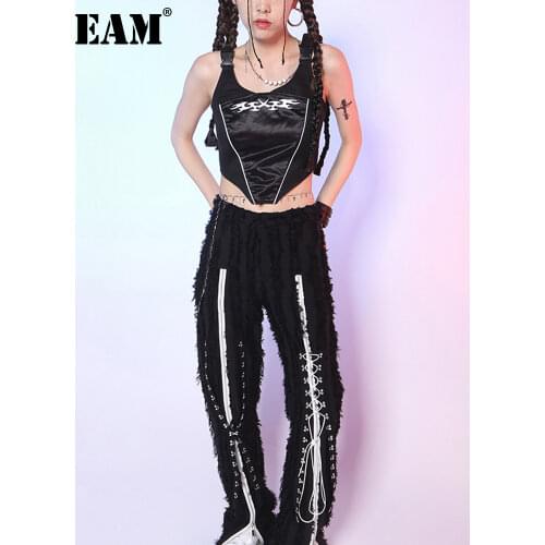 [EAM] High Waist Black Feather Long Wide Leg Hem Slit Trousers New Loose Fit Pants Women Fashion Tide Spring Summer 2021 1DD8464