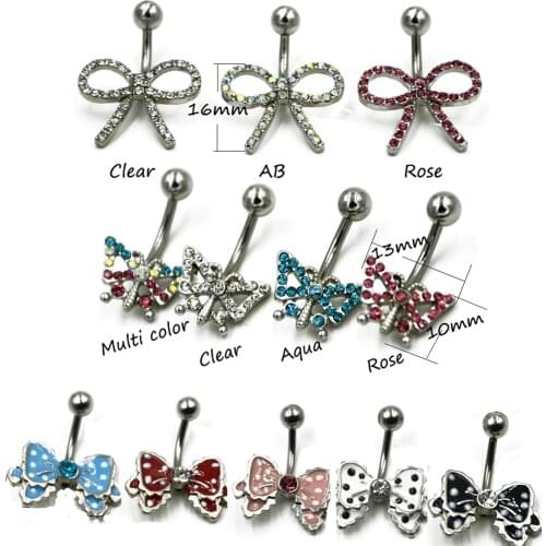 1 Piece CZ gem Jeweled Butterfly Bow Bowknot Enamel Navel Bar Belly Button Rings Piercing For Women Navel Body Jewelry 14g