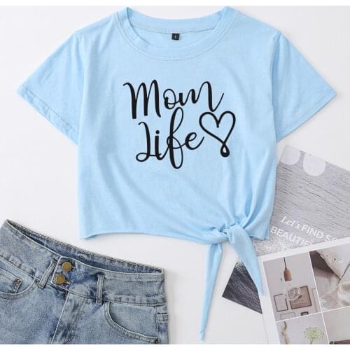 Mom Life Heart Mother Life Knotted Crop Top Shirt Womens Summer Short Sleeve Cotton T-Shirt Cropped Tops with Front Tie Knot