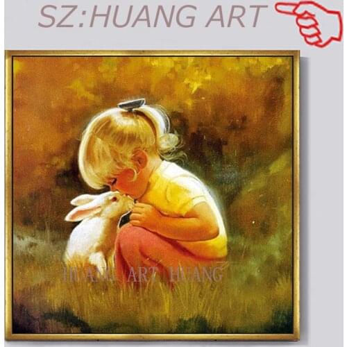 Rabbit Pet cute paintings hand-painted high-quality original Rabbit and little girl wall canvas art childrens room decor