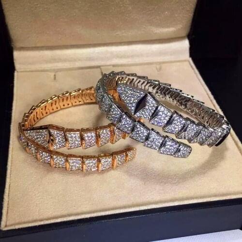 Fashion Brand Snake Shape Design 438pcs SONA High Carbon Drill Filled Pave Bangle 925 Sterling Silver Bracelets For Women LB393