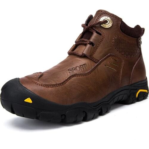 Cowhide Leather Men Autumn Winter Warm Plush Work Boots Ankle Riding Footwear Outdoor Working Snow Shoes Men Oxfords Sneakers