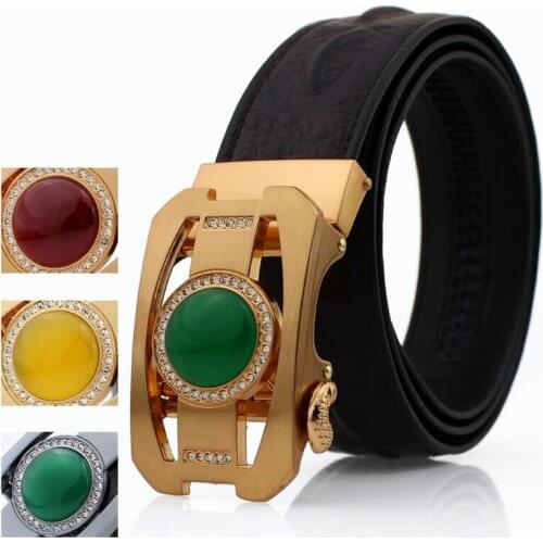 New Luxury Jade Stone Rhinestone Mens jade belt with gold inlaid jade crocodile embossed head layer belt with jade buckle belt