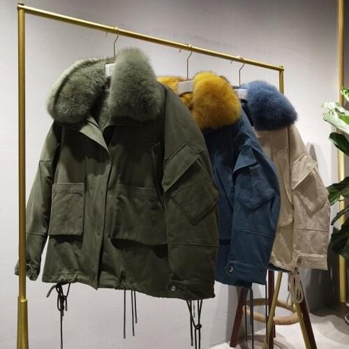 Parka fur real women coat winter2021 natural real rex rabbit fur lining outerwear with genuine fox fur collar plus size clothing