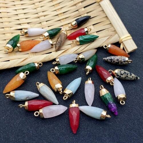 3 Pieces of Natural Stone Pendants Colorful Multi-faceted Cone-shaped Malachite Spotted Stone Crystal Plating Charm Crafts