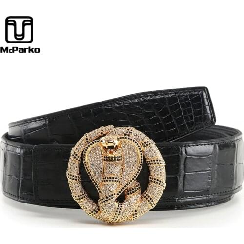 McParko Luxury Snake Buckle Belt Genuine Crocodile Leather Belt Men Fashion Stainless Steel Alligator Leather Waist Belt For Men