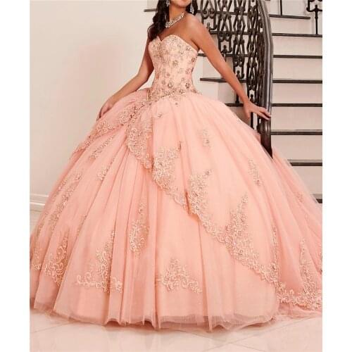 Pink Cheap Quinceanera Dresses Ball Gown Sweetheart Tulle Appliques Beaded Puffy Sweet 16 Dresses