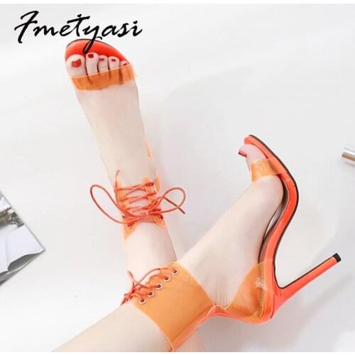 High-heeled Sandals Transparent heels Woman PVC Sexy Pointed Toe Lace-up Stiletto sandals Breathable Height Increasing Peep Toe