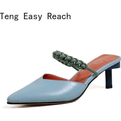 Pointed Toe Shoes Women Heels 2021 Trend Weave Genuine Leather Thin Heels Pumps Female Wedding Party Women Sandals beige blue