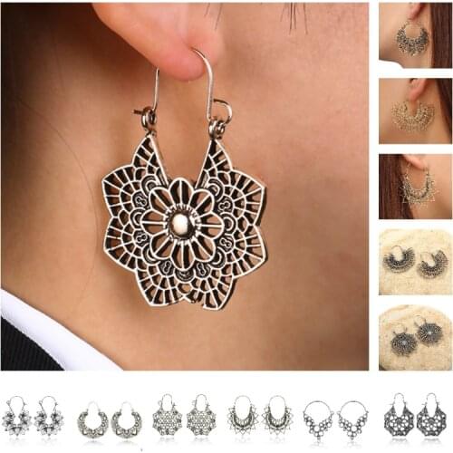Retro ethnic Flower Earrings simple spider web semicircle pattern carved water drop fan-shaped Earrings