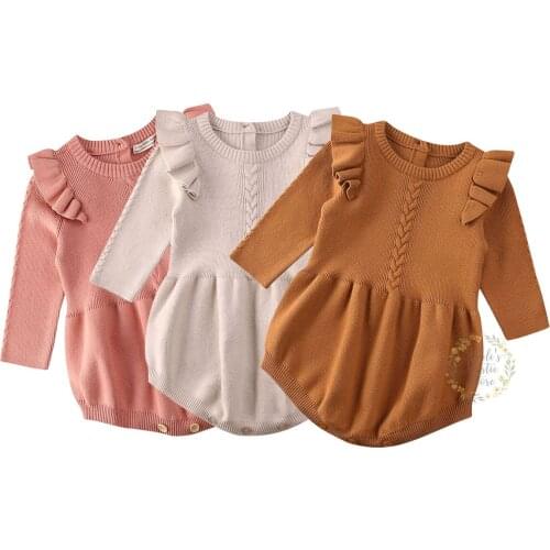 2020 Baby Spring Autumn Clothing Infant Newborn Baby Girls Knitted Bodysuit Long Sleeve Solid Ruffled Jumpsuit Outfit Set 0-3T