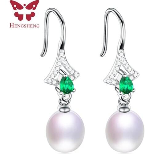 100% Real Freshwater Pearl Dangle Earring For Women, Green Zircon 925 Silver Earrings,Fine Jewelry With Jewelry Box,Gift 2019