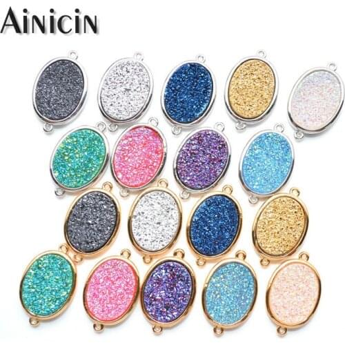 10pcs Flat Oval Shape Resin Druzy Shine Connectors Fashion Bracelet Making Materials Blue Pink Rainbow White Silver Pendants