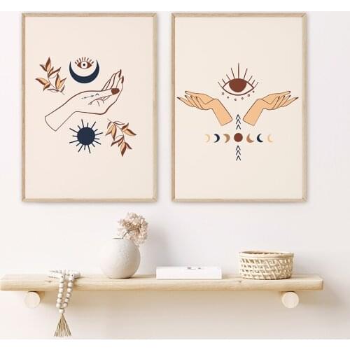 Abstract Mystic Hand Sun Moon Scene Boho Canvas Prints Painting Wall Art Pictures Posters for Living Room Home Decor No Frame