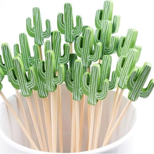 Free Shipping - Party Wedding Bar Supplies, Disposable Tableware, 120mm Cocktail Green Cactus Bamboo Pick Fruit Skewer, 100/Pack