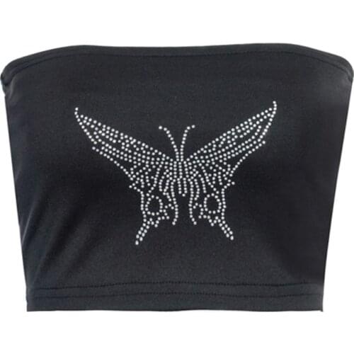 Women Sexy Strapless Bandeau Bra Glitter Butterflies Hot Drilling Rhinestone Wrapped Chest Tube Top Bustier Clubwear