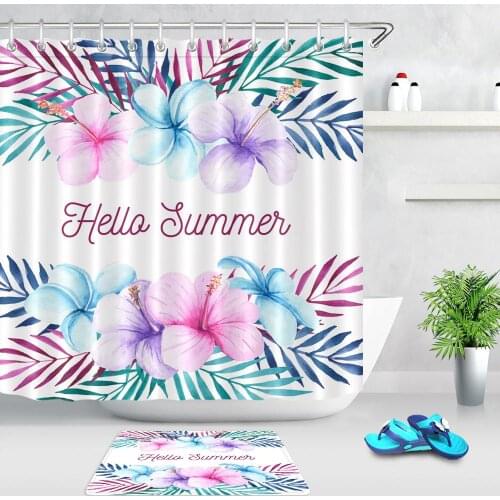 Hello Summer Beautiful Plant Floral Shower Curtain Flowers and Leaves Watercolor Fabric Bathroom Curtain Bathtub Decor Floor Mat