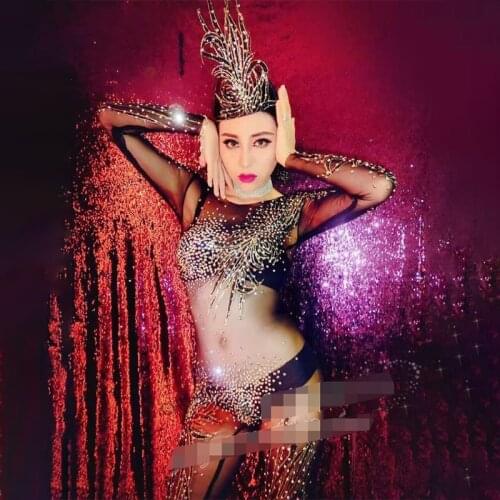 Fashion Rhinestones Nude Jumpsuit Sexy Stretch Dance Bodysuit Performance Party Celebrate Stage Show Costume Wear