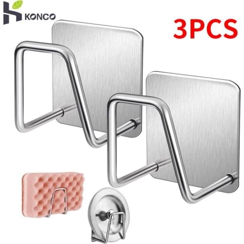 Konco Kitchen Sponges Holder Stainless Steel Storage Holder Adhesive 1/2/3pcs Sink Sponges Drain Drying Rack Kitchen Accessories