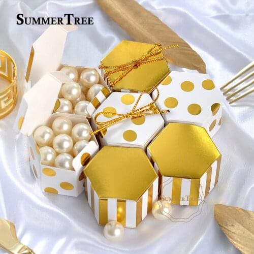 10pcs Mini Stripe Dots Golden Bronzing Color Hexagon Wedding Chocolate Box Candy Box Baking Package Wedding Party Decorations